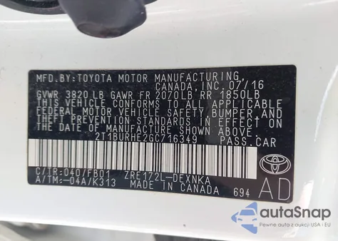 2016 Toyota Corolla Le из США, поврежденный, VIN 2T1BURHE2GC716349